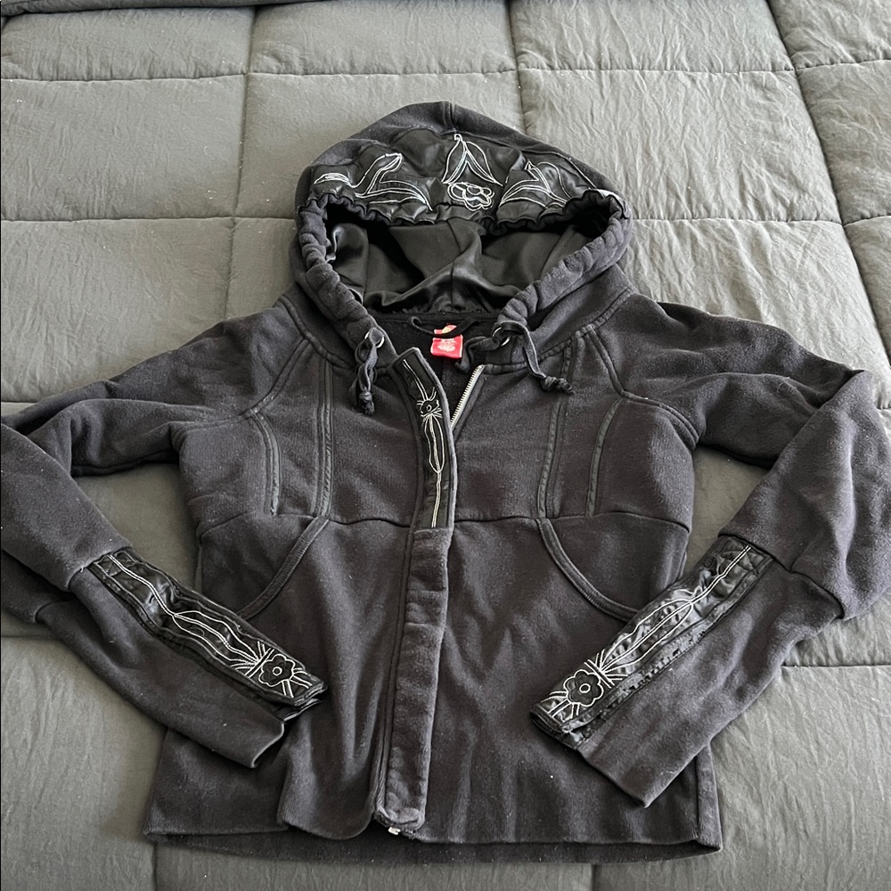 Free People Black Hoodie with White Patterned Accents